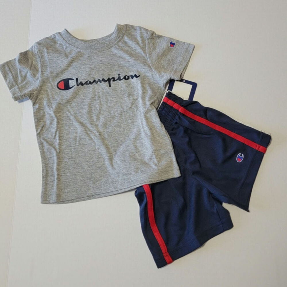 Champion Toddler Boys 2-Piece Activewear Set Gray T-Shirt & Navy Athletic Shorts